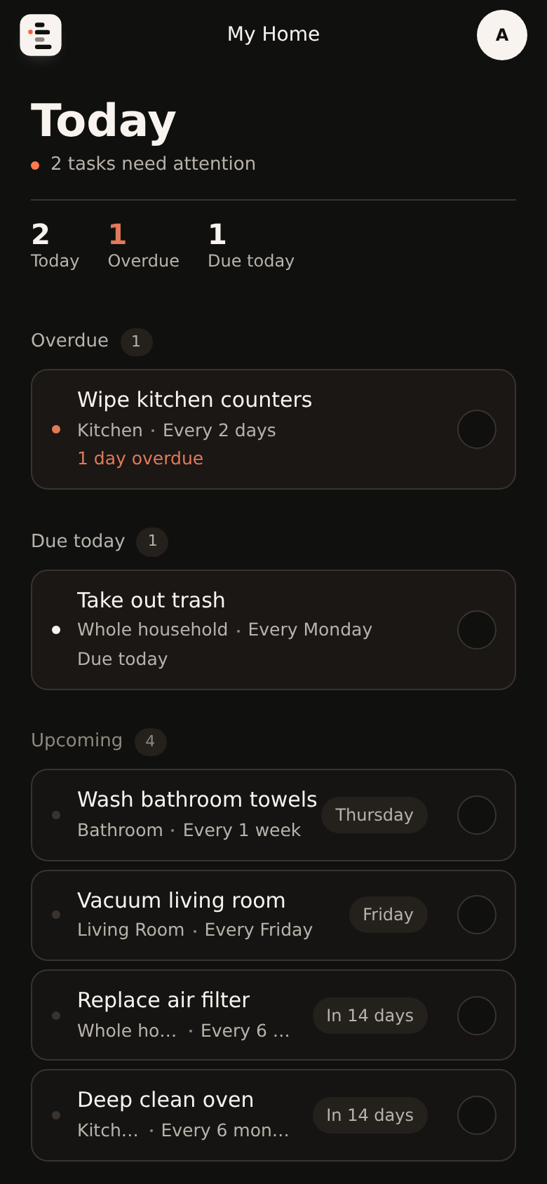 Taskstead Today screen showing household chores