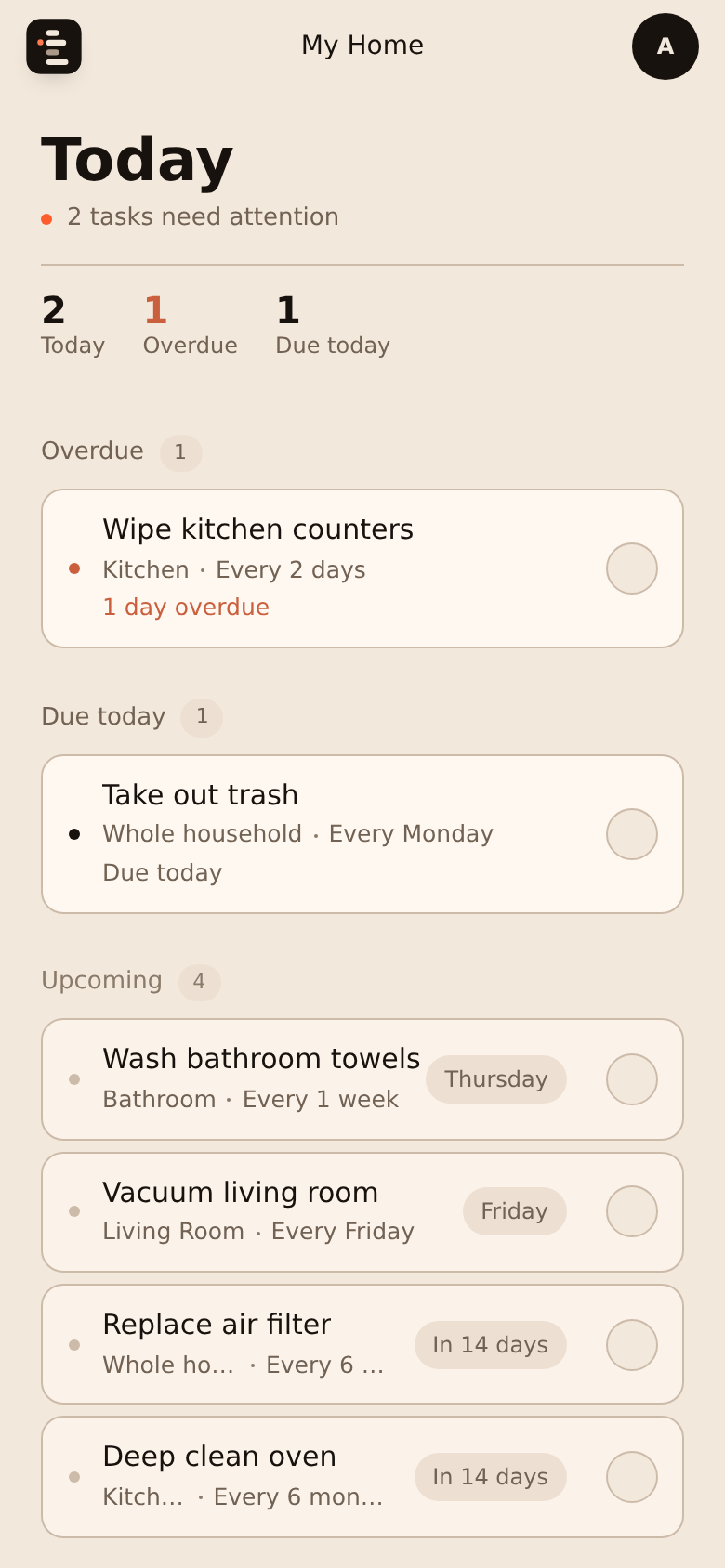 Taskstead Today screen showing household chores